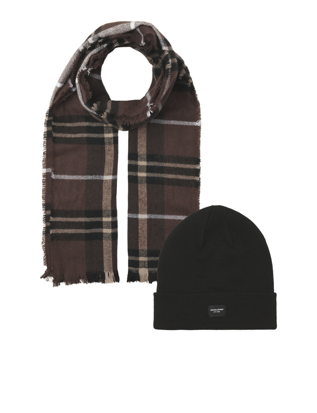 JACK & JONES Beanie Hat and Scarf Brown Mix