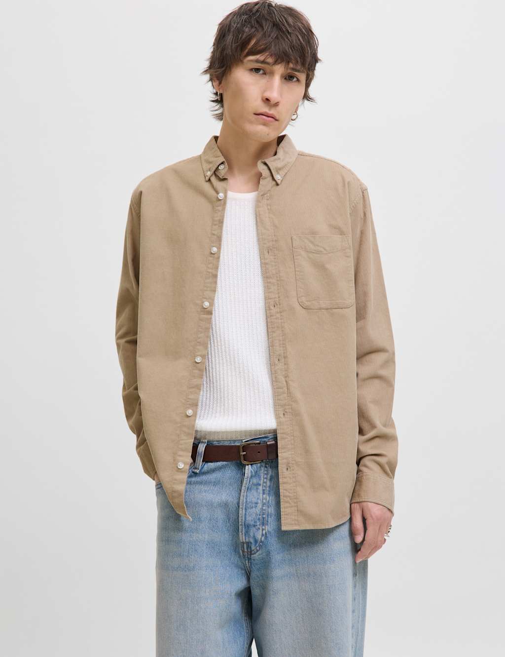 JACK & JONES Regular Fit Corduroy Shirt Beige