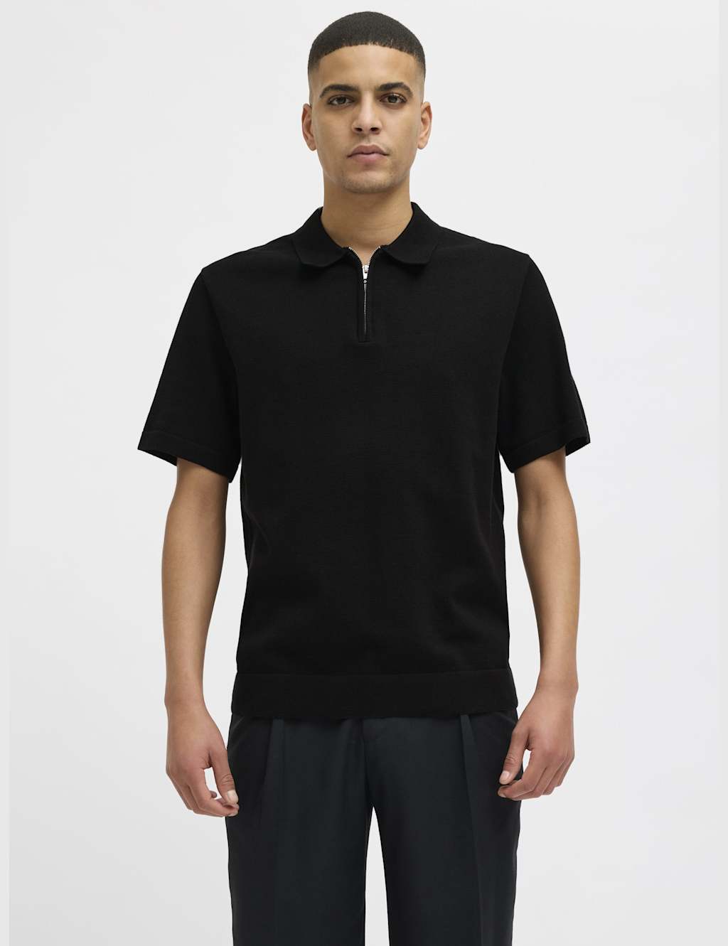 Pure Cotton Zip Up Knitted Polo Shirt