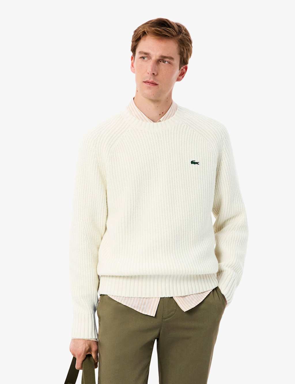 Lacoste Men's Pure Wool Ribbed Crew Neck Jumper - L - White - Available at M&S