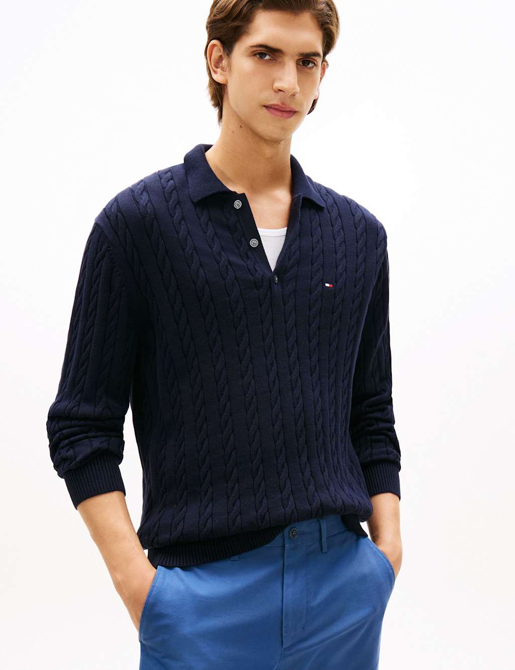 Tommy Hilfiger Men's Pure Cotton Cable Knit Polo Shirt - S - Navy - Available at M&S