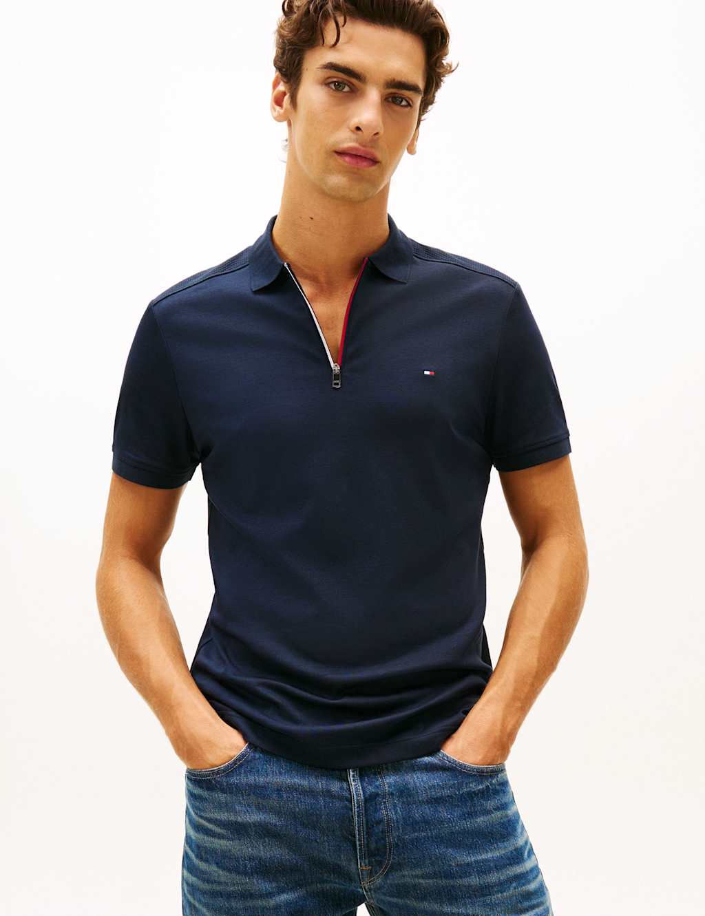 Tommy Hilfiger Men's Liquid Pure Cotton Half Zip Polo Shirt - M - Navy - Available at M&S