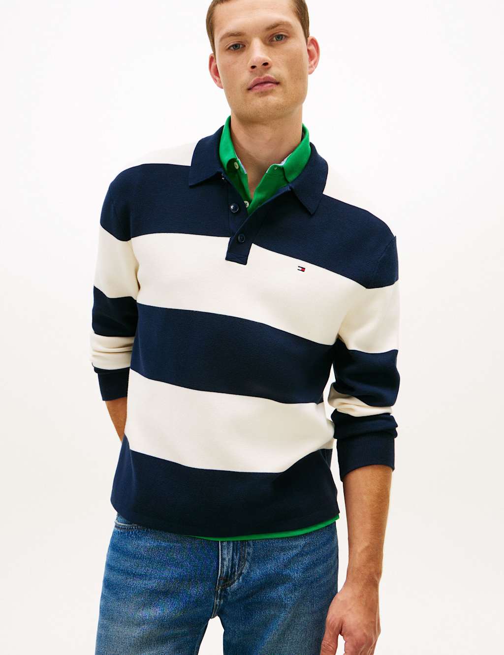 Tommy Hilfiger Men's Cotton Blend Striped Knitted Polo Shirt - L - Navy Mix - Available at M&S