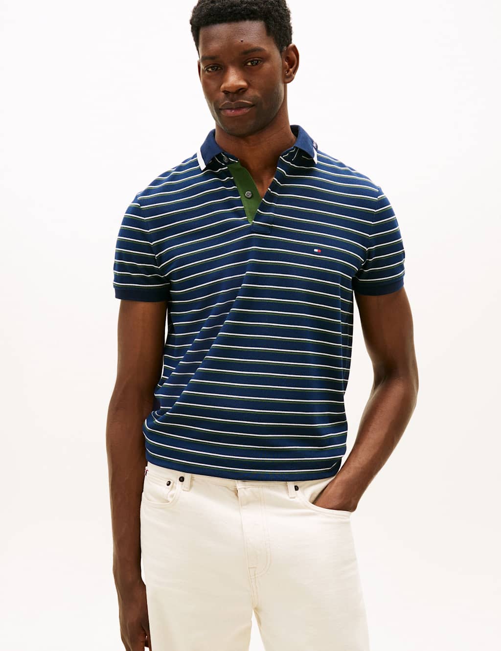 Tommy Hilfiger Cotton Rich Pique Striped Polo Shirt Navy Mix