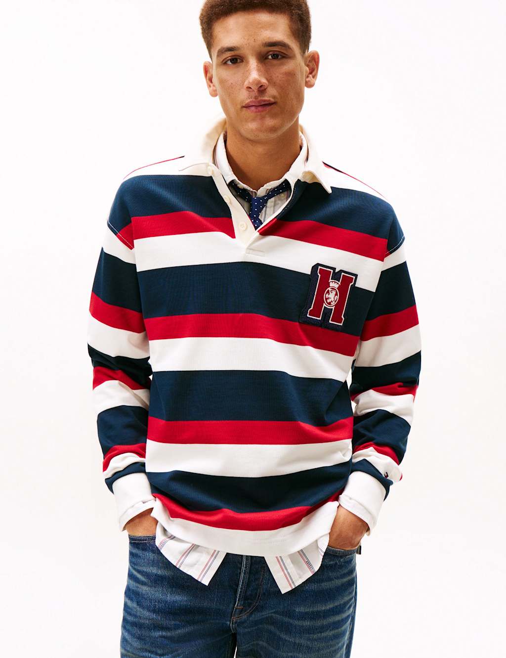 Tommy Hilfiger Men's Crest Pure Cotton Striped Rugby Shirt - M - Red Mix - Available at M&S