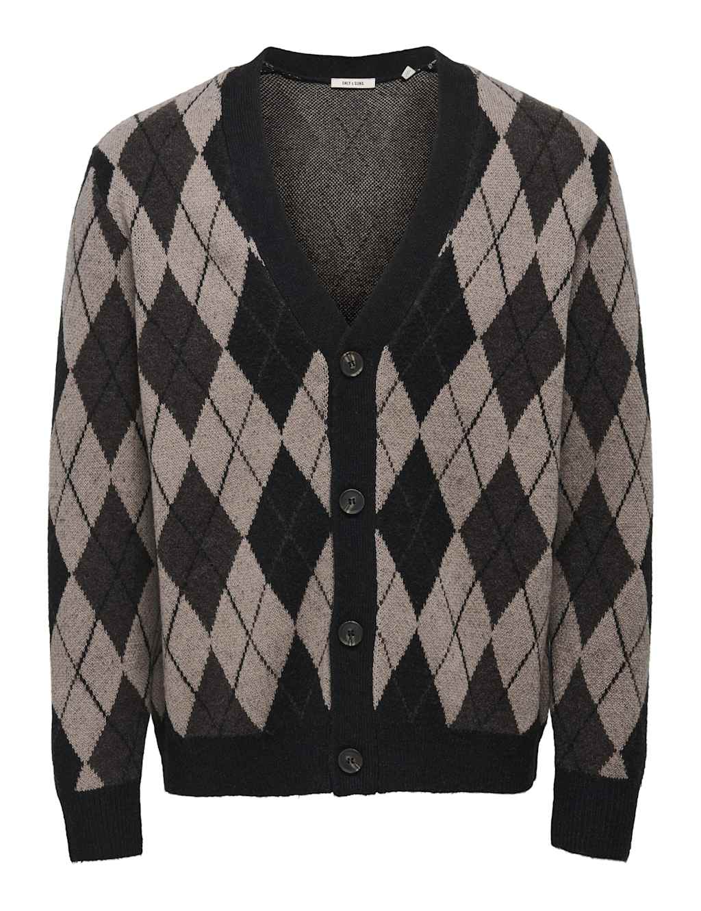 ONLY & SONS Argyle V-Neck Knitted Cardigan Black Mix