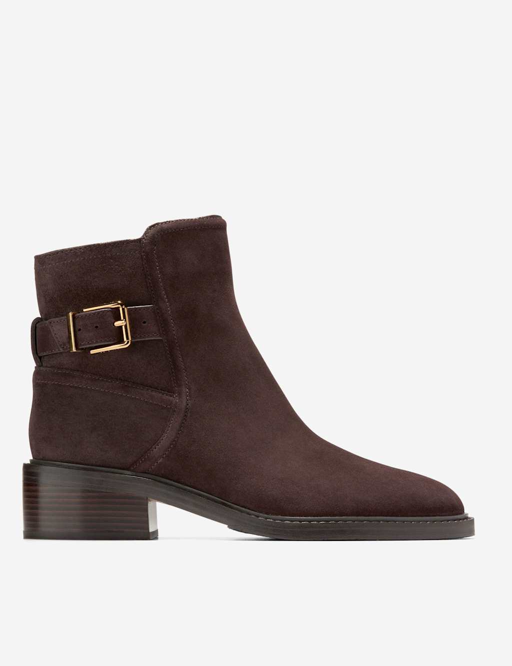 Cole Haan Silvana Suede Buckle Block Heel Ankle Boots Chocolate