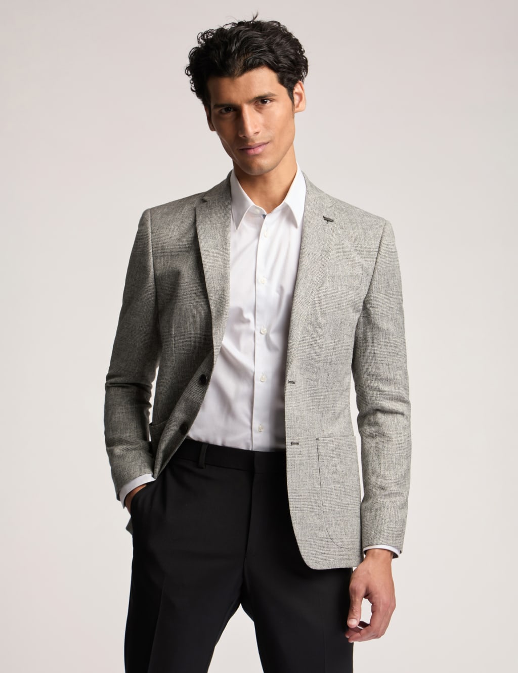 Slim Fit Linen Blend Check Suit Jacket