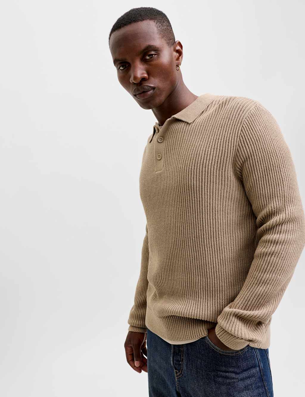 Jack & Jones Men's Cotton Blend Textured Polo Shirt - M - Beige - Available at M&S