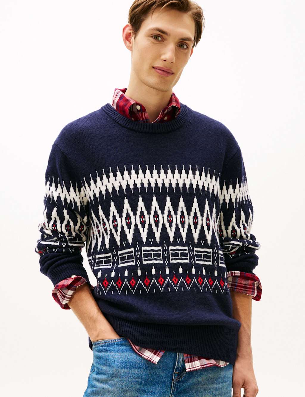 Tommy Hilfiger Wool Rich Fair Isle Crew Neck Jumper Navy Mix