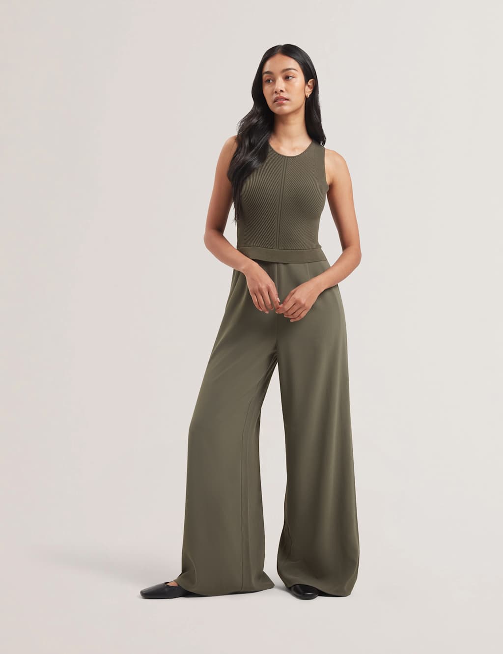 Knitted Bodice Racer Back Wide Leg Jumpsuit