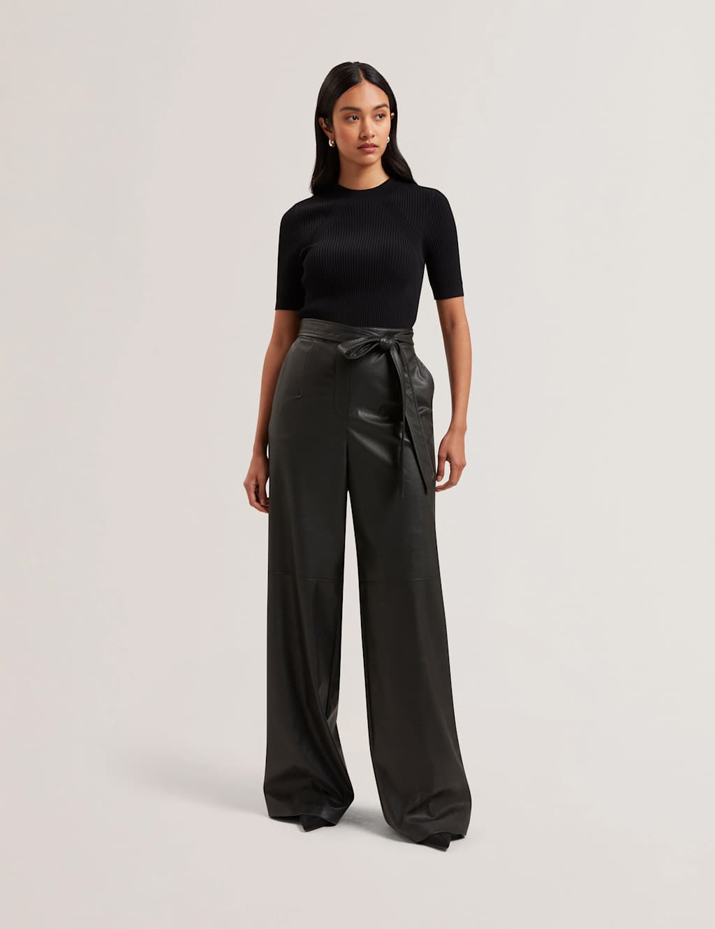 Faux Leather Belted Short Sleeve Jumpsuit