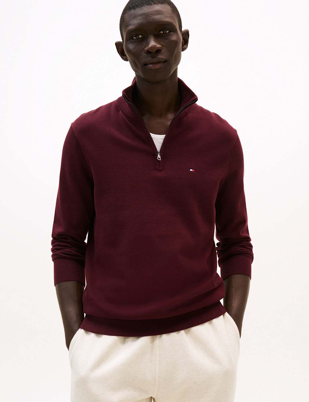 Tommy Hilfiger Pure Cotton Half Zip Jumper Burgundy