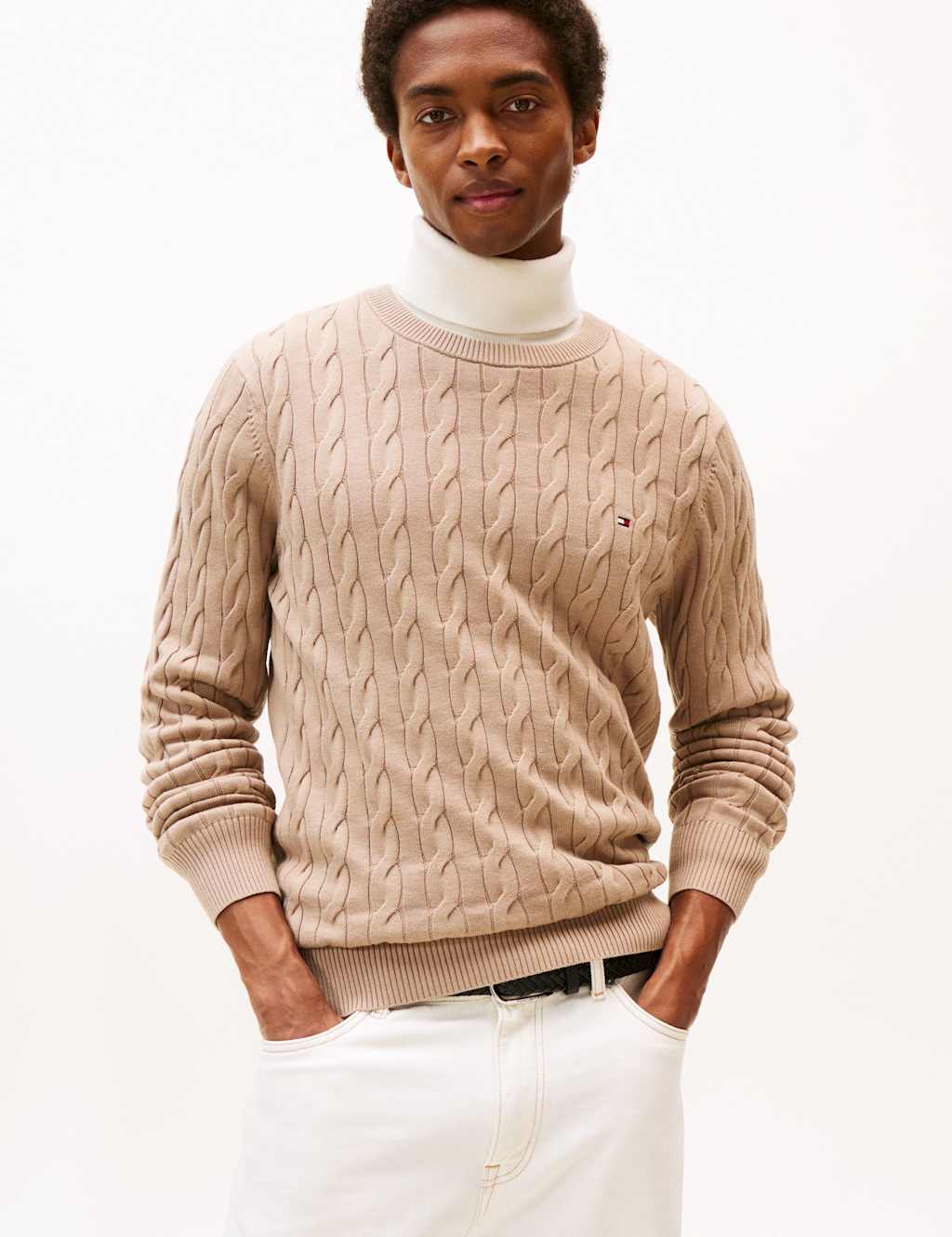 Tommy Hilfiger Pure Cotton Cable Knit Crew Neck Jumper Beige