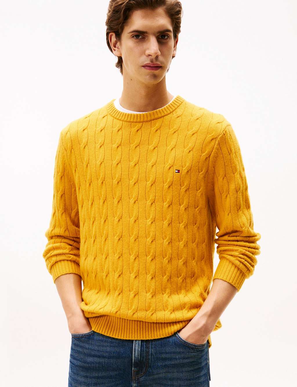 Tommy Hilfiger Wool Rich Cable Crew Neck Jumper Yellow