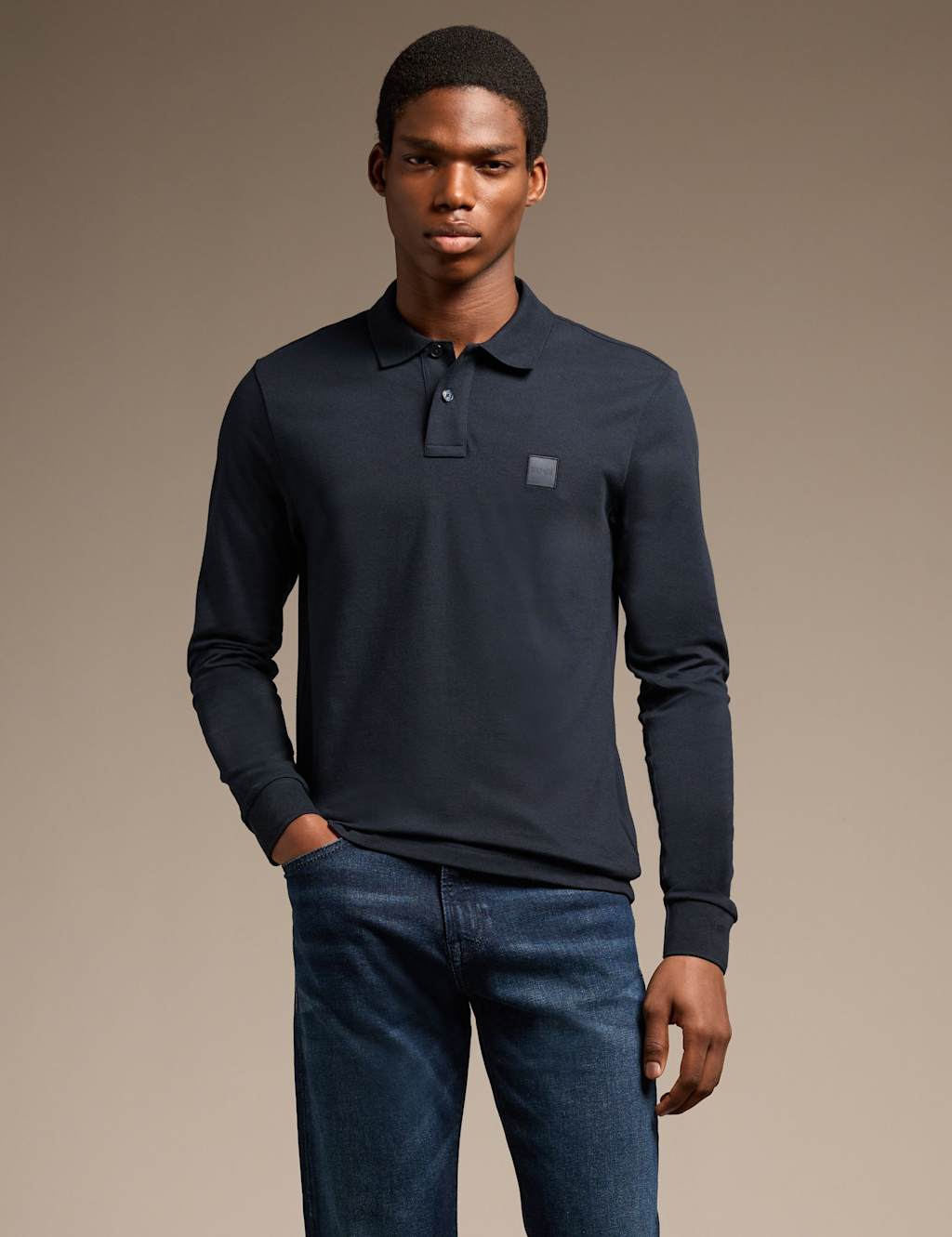 Boss Men's Passerby Cotton Rich Long Sleeve Polo Shirt - L - Navy - Available at M&S