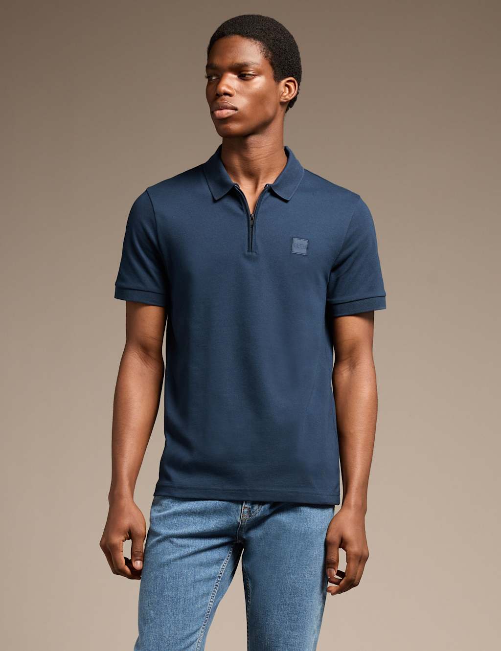 Boss Men's Cotton Rich Half Zip Polo Shirt - XL - Navy - Available at M&S