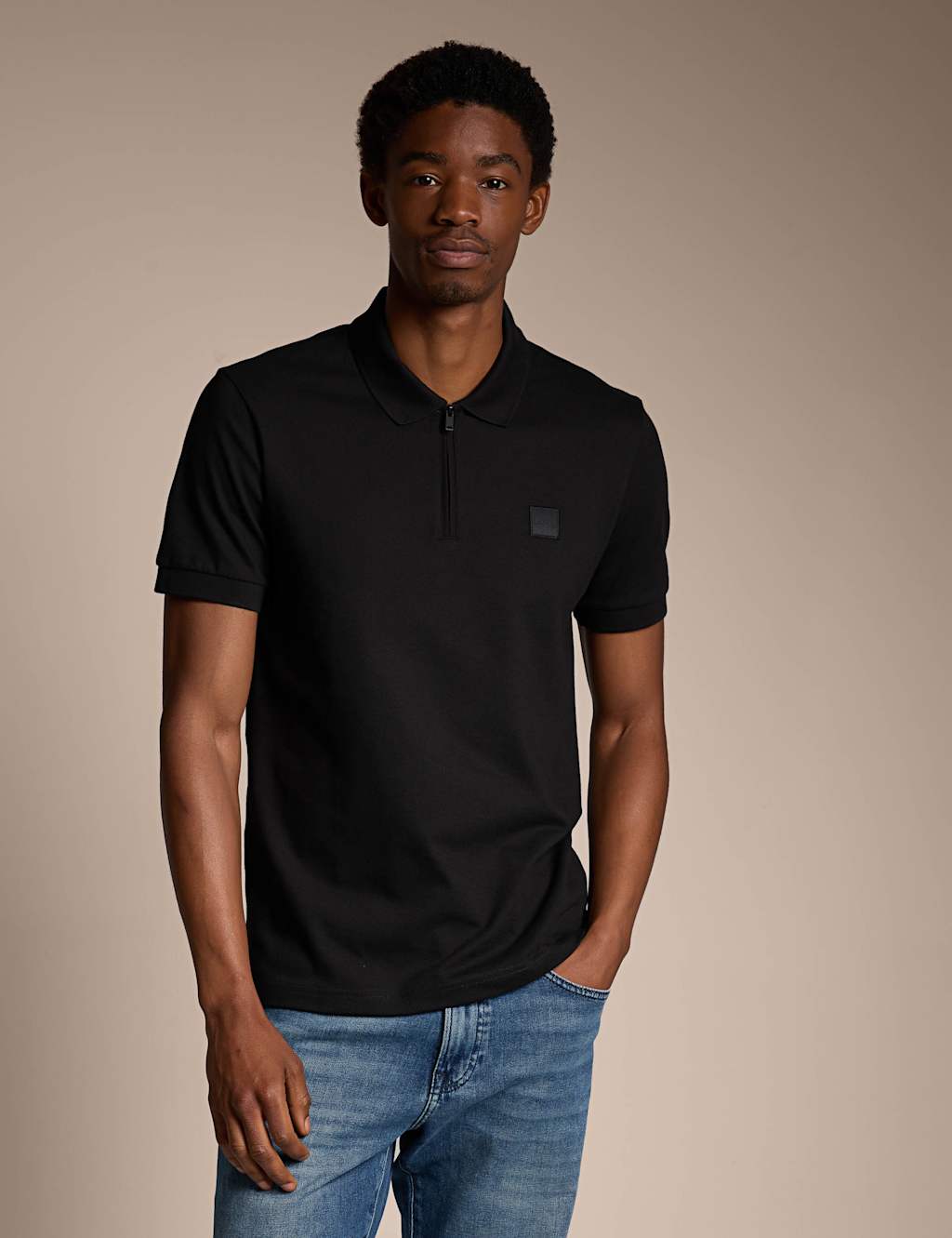 Boss Men's Cotton Rich Half Zip Polo Shirt - 3XL - Black - Available at M&S
