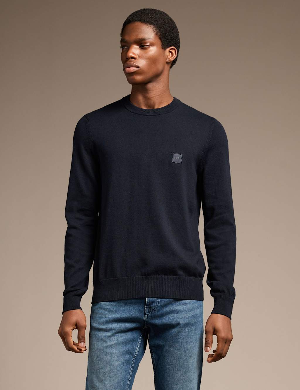 Boss Men's Cotton Rich Crew Neck Jumper with Cashmere - XL - Navy - Available at M&S