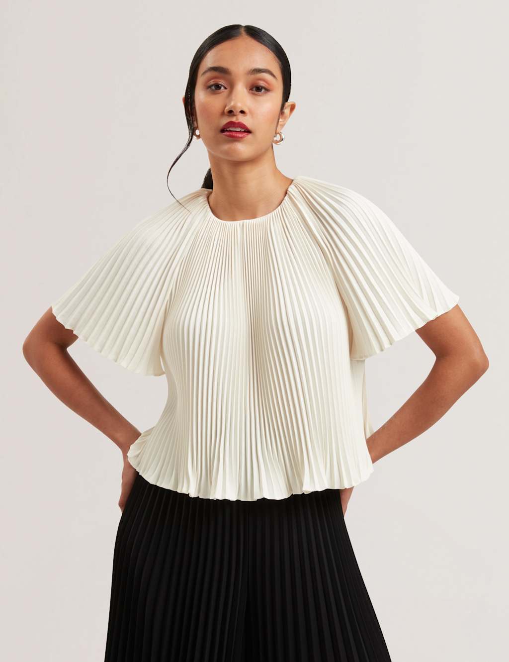 Ted Baker Crepe Pleated Keyhole Blouse Ivory