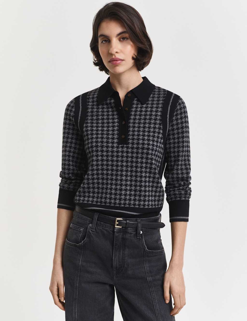 GANT Pure Wool Houndstooth Knitted Rugby Top Black