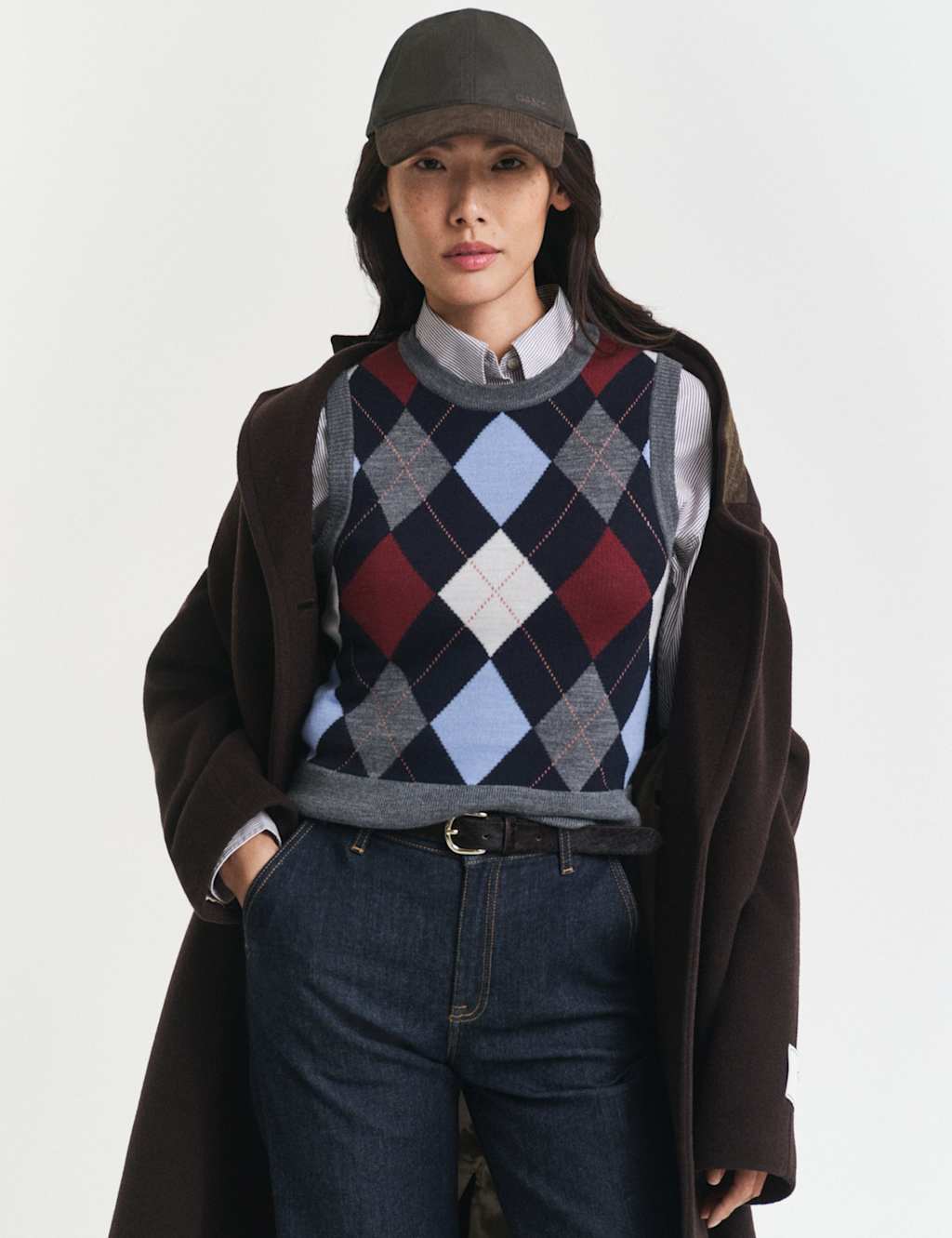 GANT Pure Wool Argyle Crew Neck Knitted Vest Dark Grey