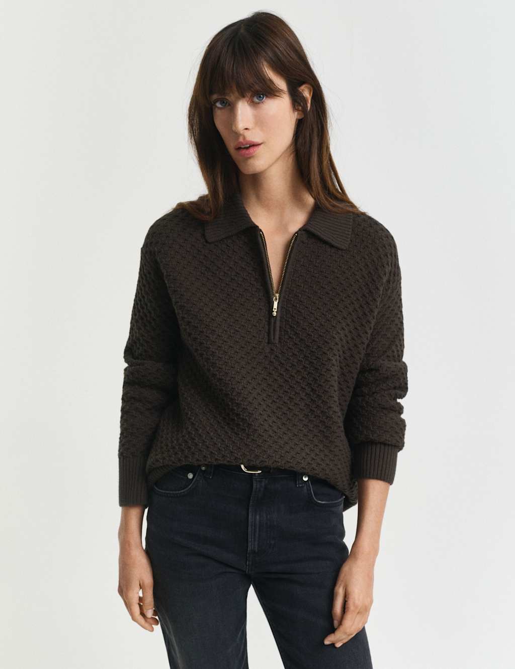 GANT Cotton Rich Textured Half Zip Jumper Dark Green