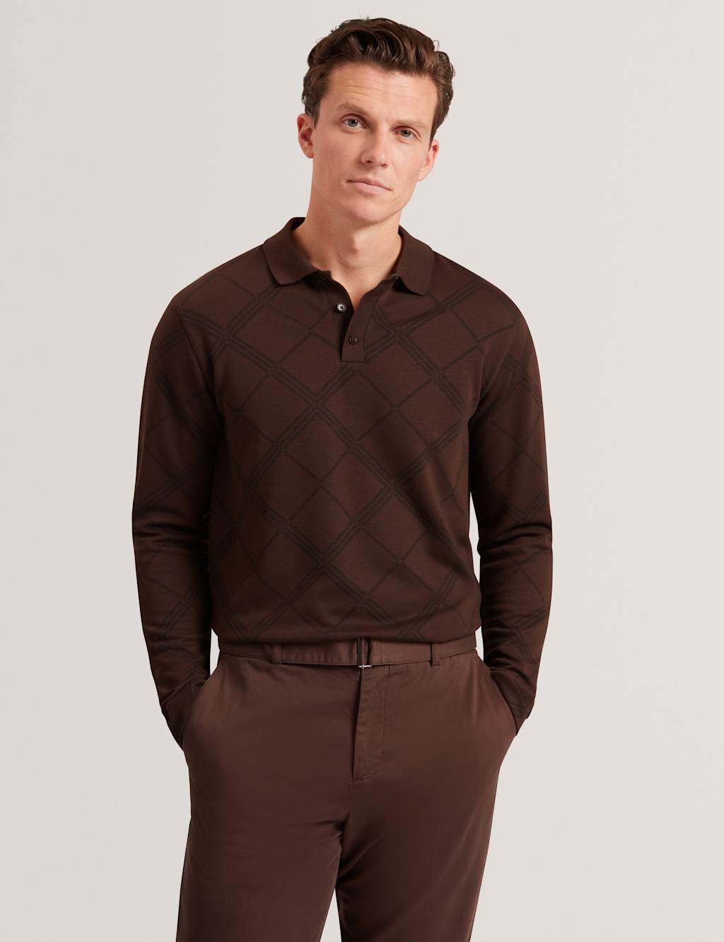 Ted Baker Pure Cotton Checked Long Sleeve Polo Shirt Dark Brown