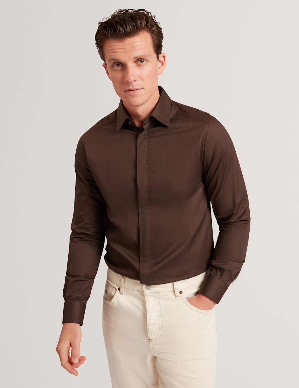 Ted Baker Regular Fit Pure Cotton Twill Dress Shirt Brown