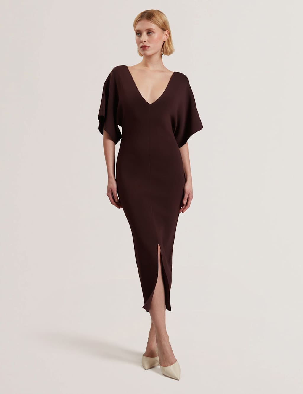 Knitted V-Neck Midi Bodycon Dress