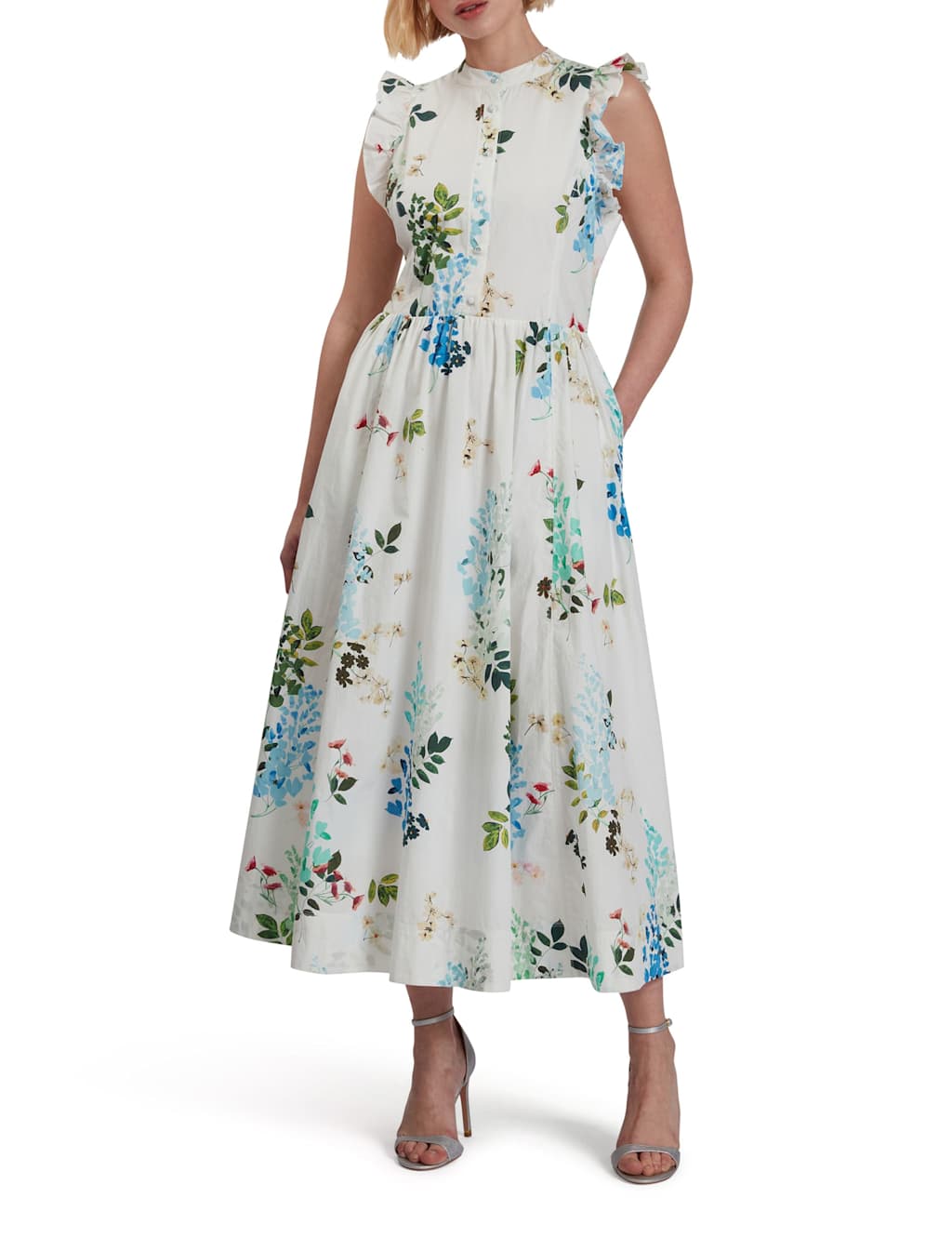 Ted Baker Pure Cotton Floral Midi Waisted Dress White