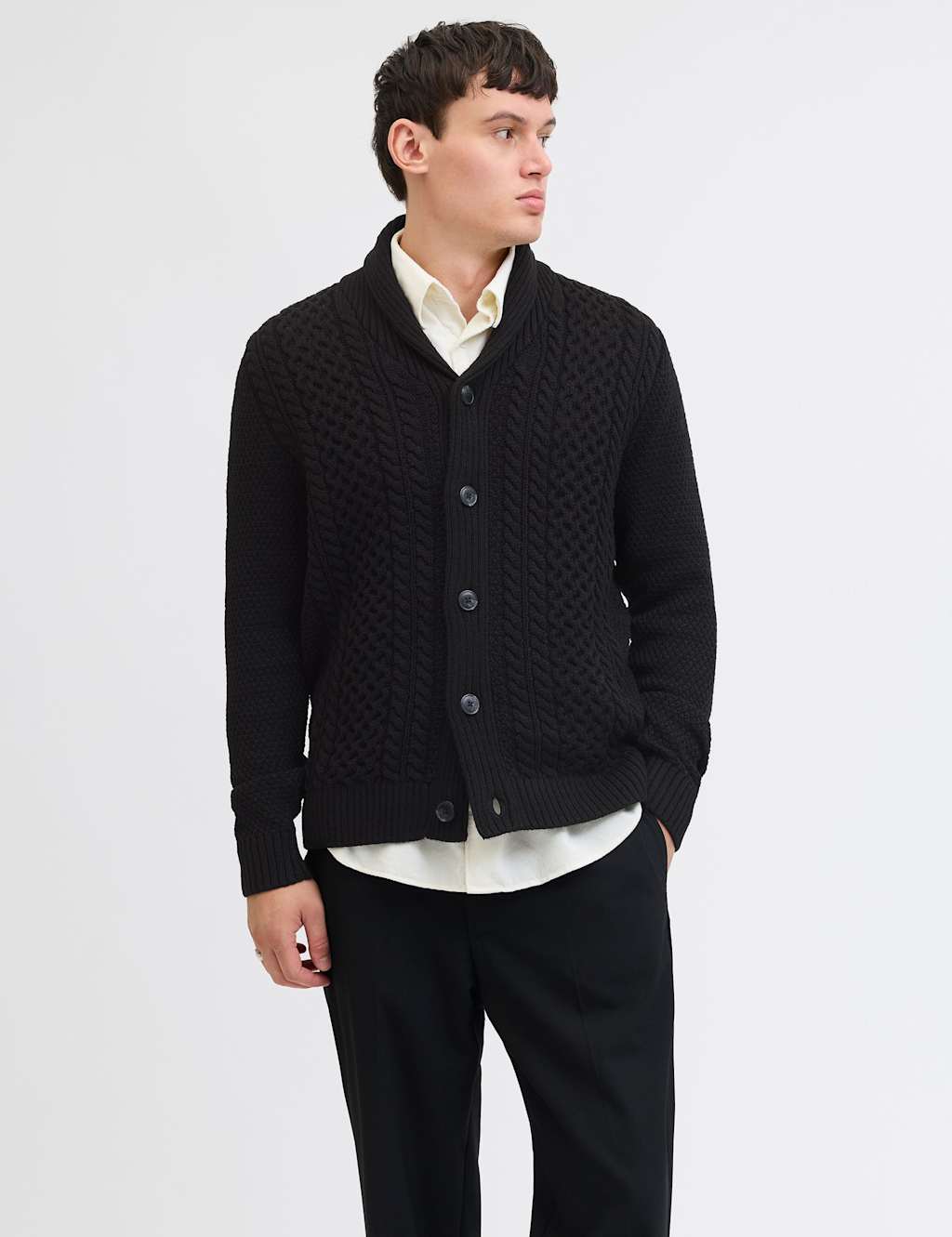 Jack & Jones Men's Cable Shawl Neck Cardigan - S - Black - Available at M&S