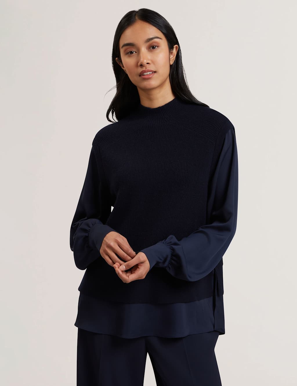 High Neck Woven Sleeve Knitted Jumper