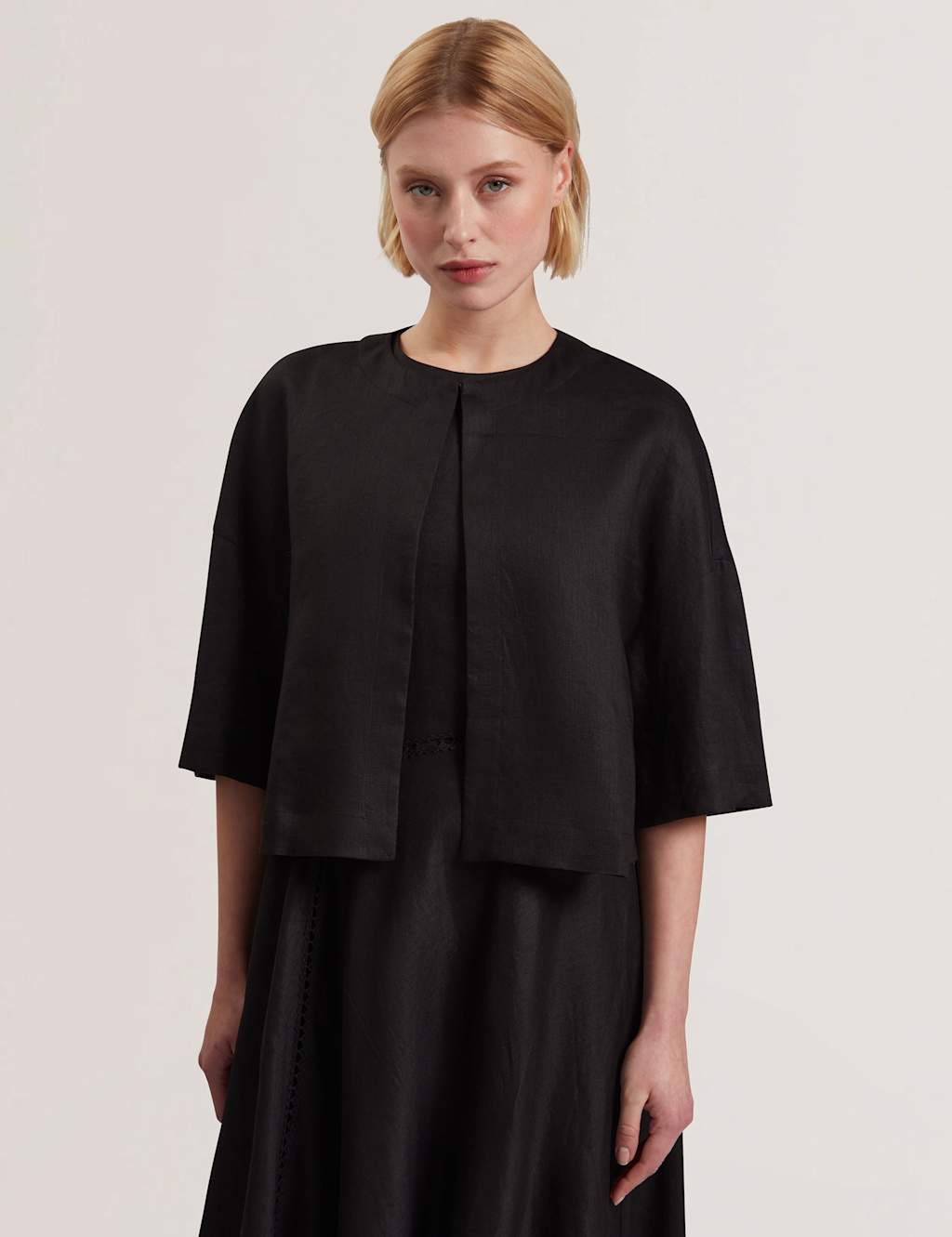 Pure Linen Round Neck Cropped Shirt