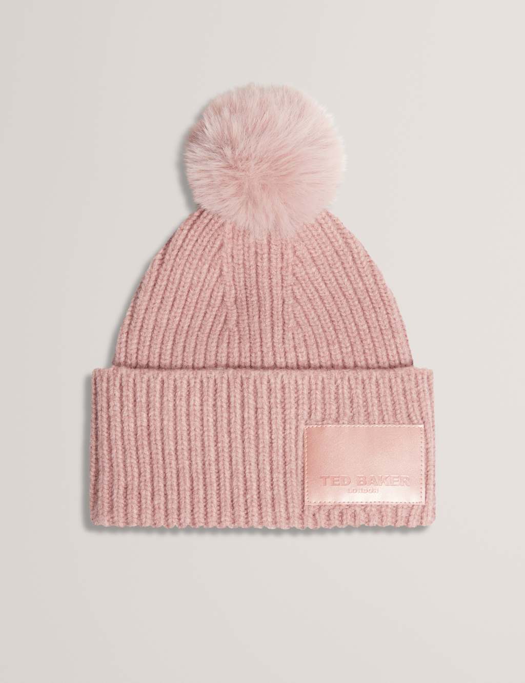 Ted Baker Knitted Faux Fur Pom Beanie Hat Pink