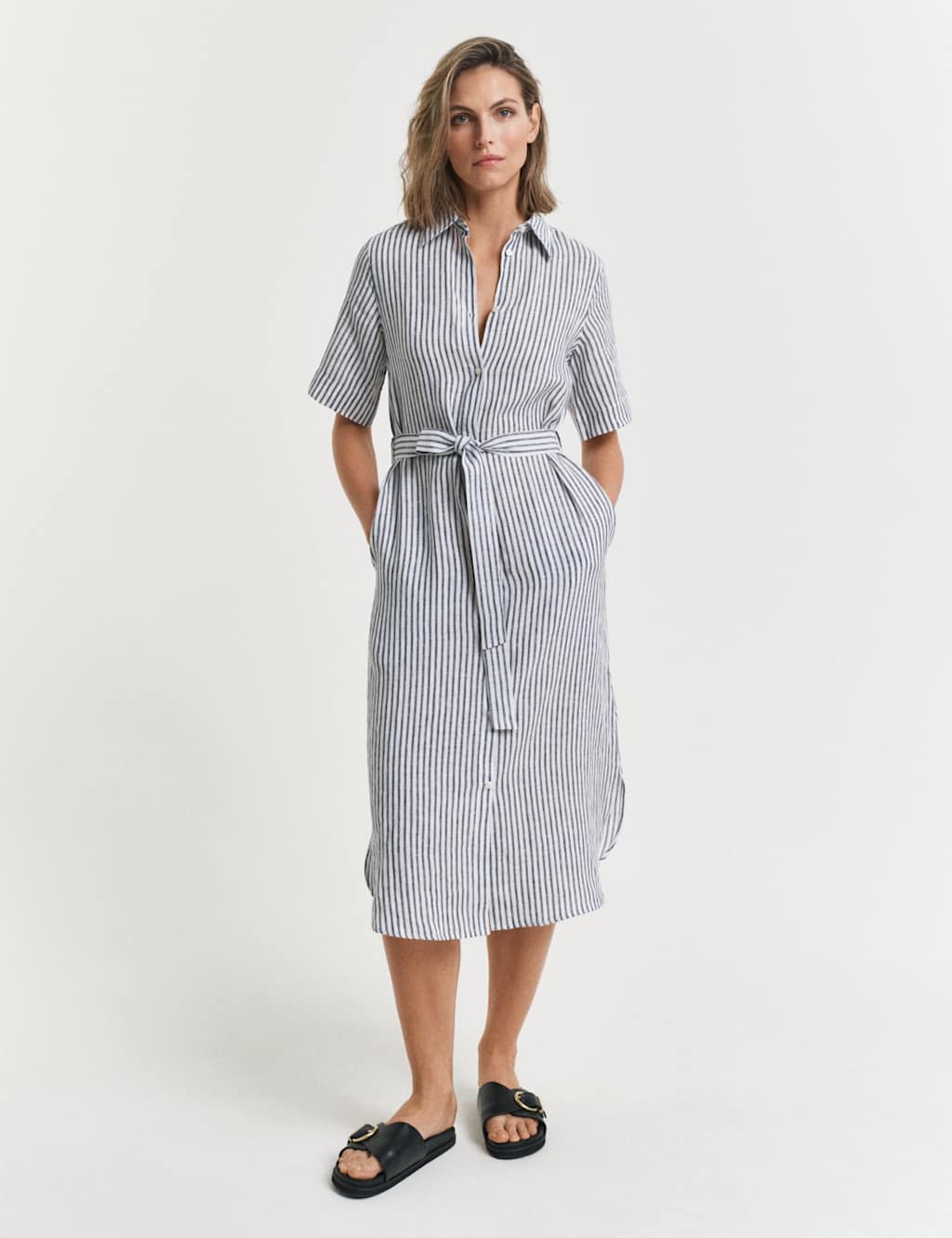 Gant Women's Pure Linen Striped Knee Length Shirt Dress - 6 - Navy Mix - Available at M&S