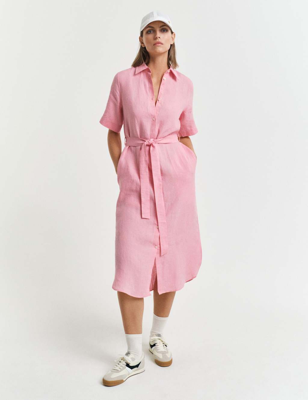Pure Linen Belted Knee Length Shirt Dress