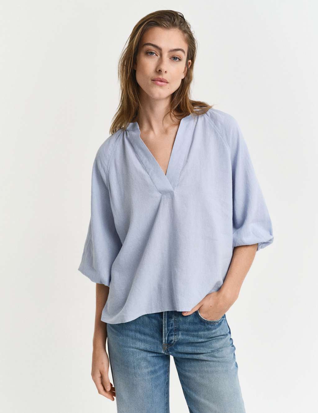 Linen Blend Notch Neck Stand Collar Blouse