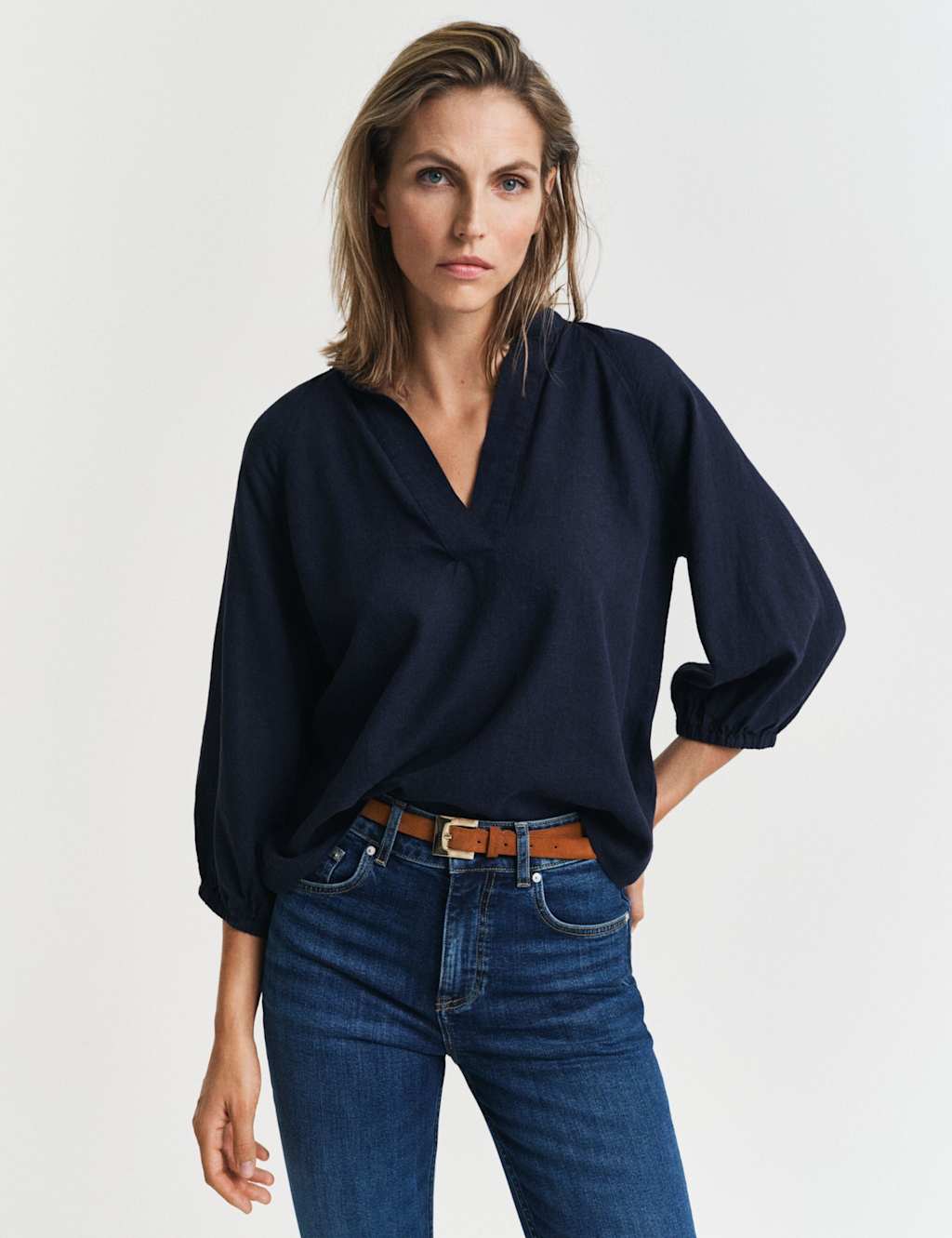 Linen Blend Notch Neck Stand Collar Blouse