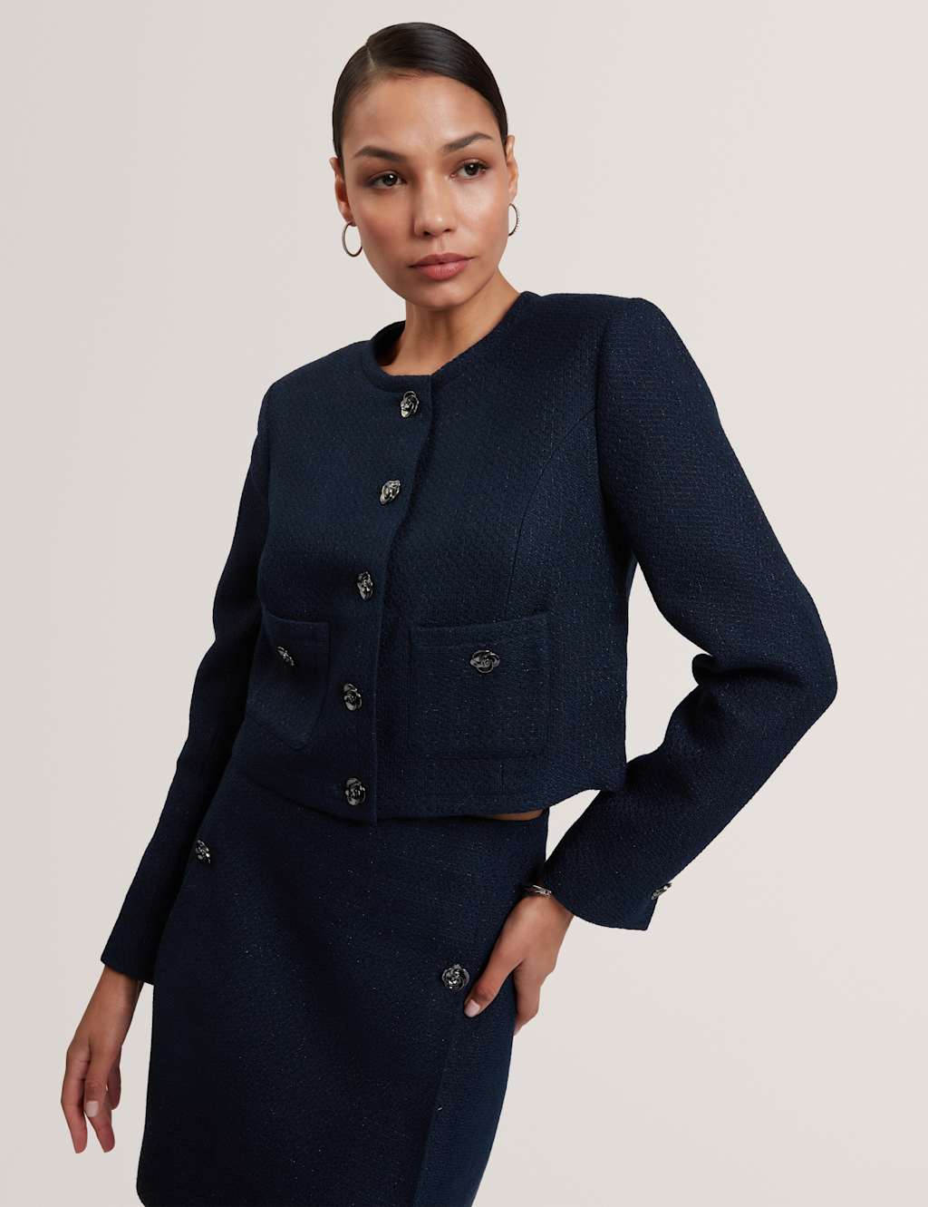 Ted Baker Boucl Collarless Cropped Tailored Jacket Navy