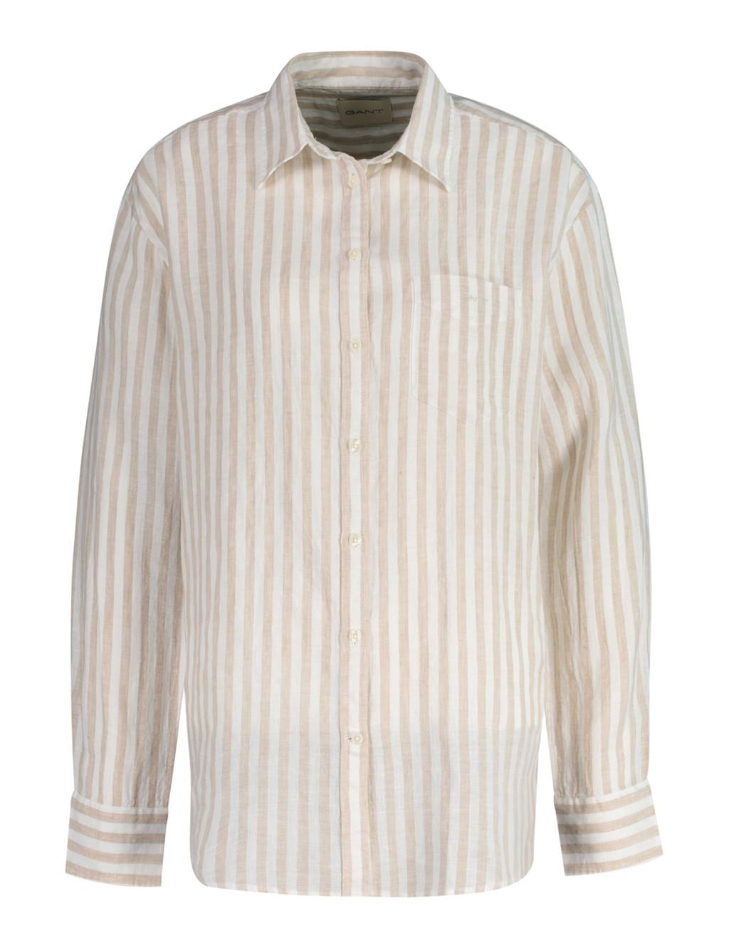 Gant Women's Pure Linen Striped Collared Shirt - 14 - Beige, Pink,Beige