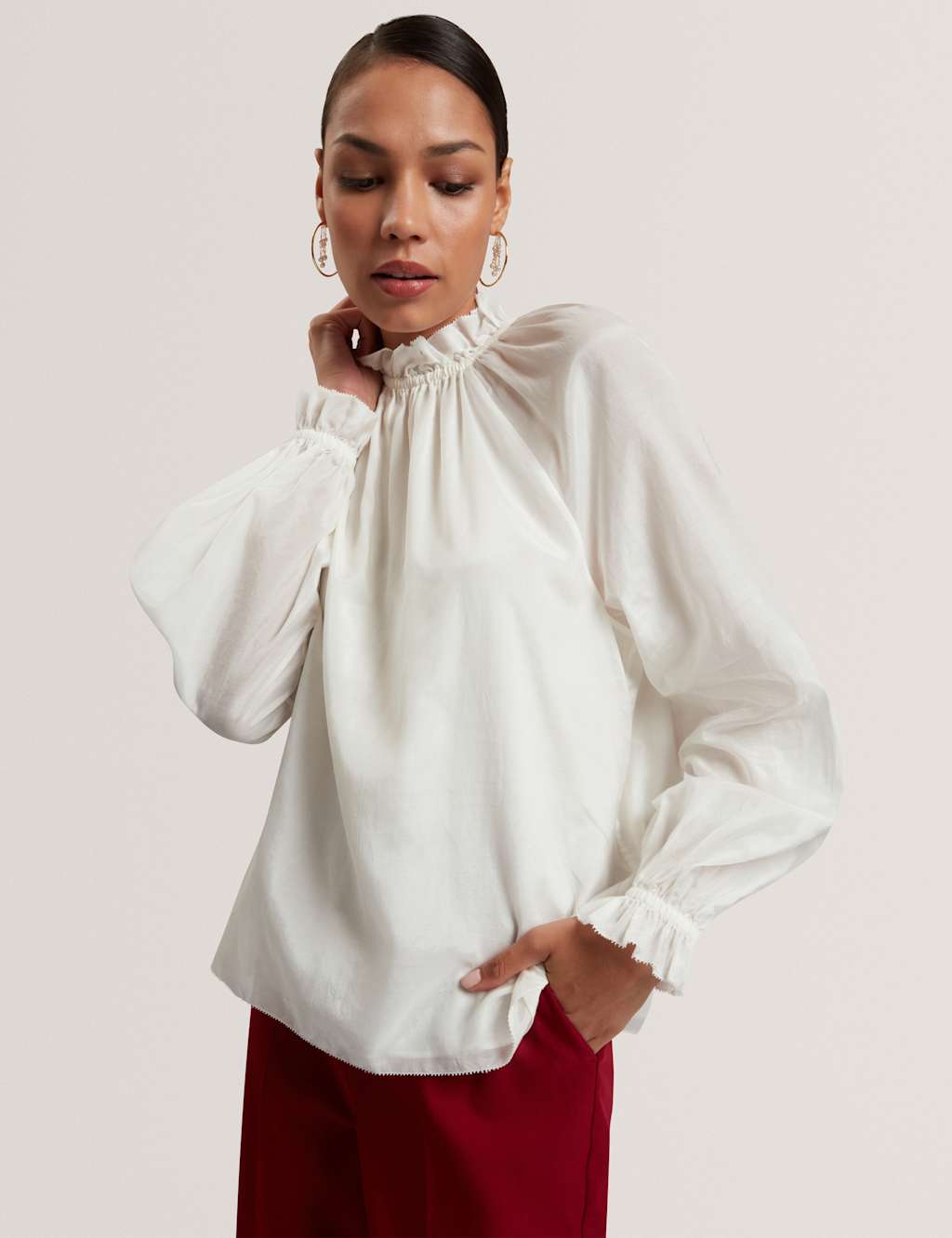 Ted Baker Cotton Blend Gathered Ruffle Blouse Cream