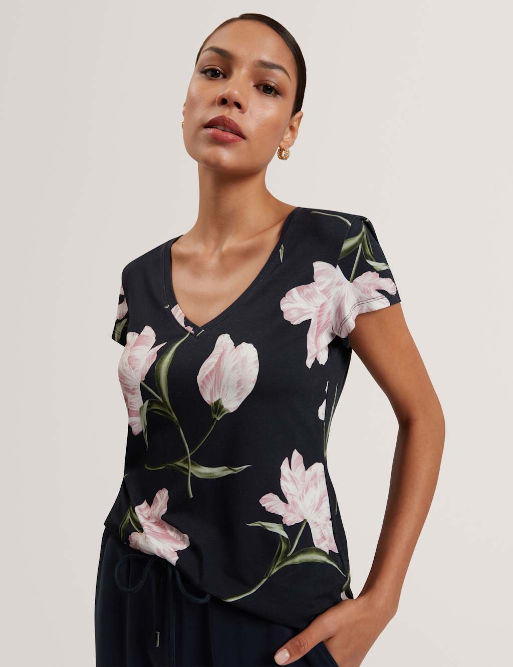 Ted Baker Women's Floral V-Neck T-Shirt - 8 - Navy Mix - Available at M&S