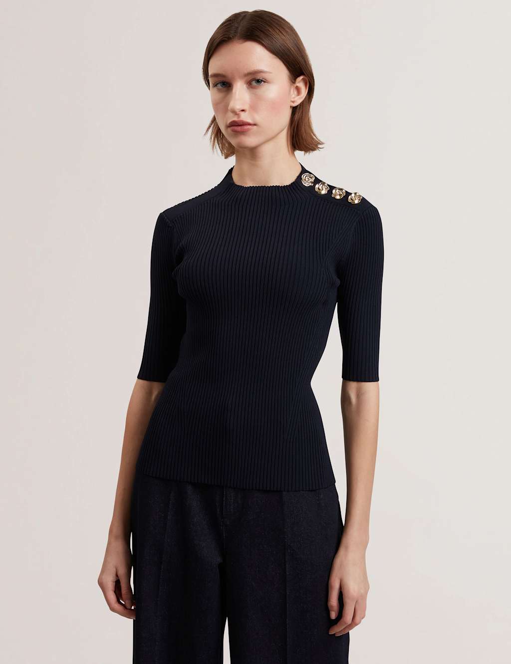 Ribbed High Neck Button Detail Top