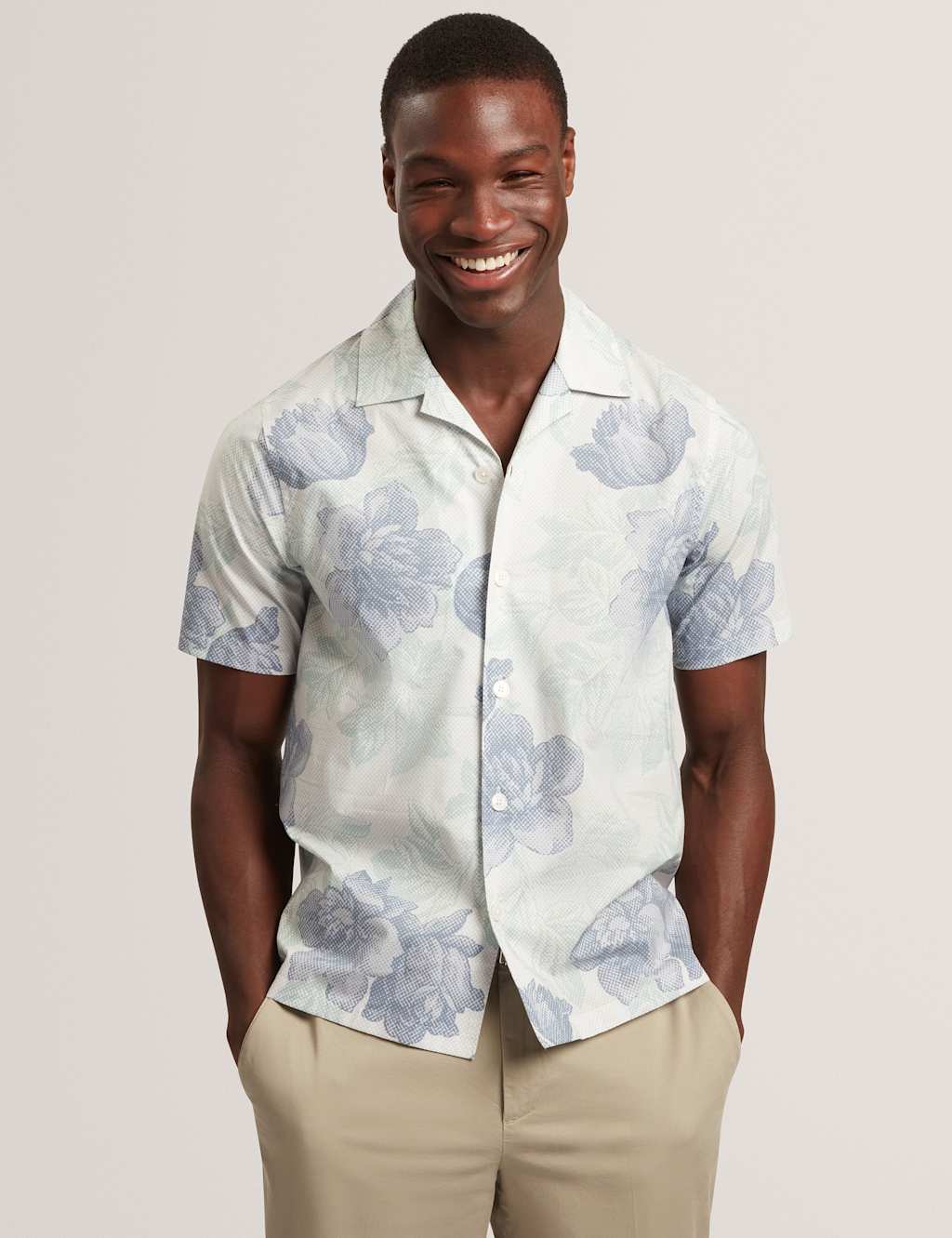 Ted Baker Men's Regular Fit Pure Cotton Floral Short Sleeve Shirt - L - Blue Mix - Available at M&S