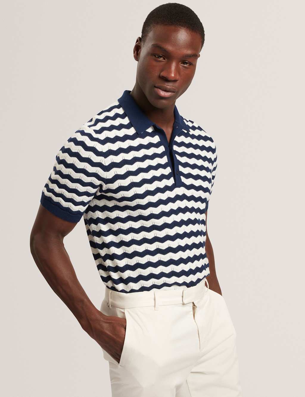 Ted Baker Men's Wool Blend Striped Polo Shirt with Silk - L - Navy Mix - Available at M&S