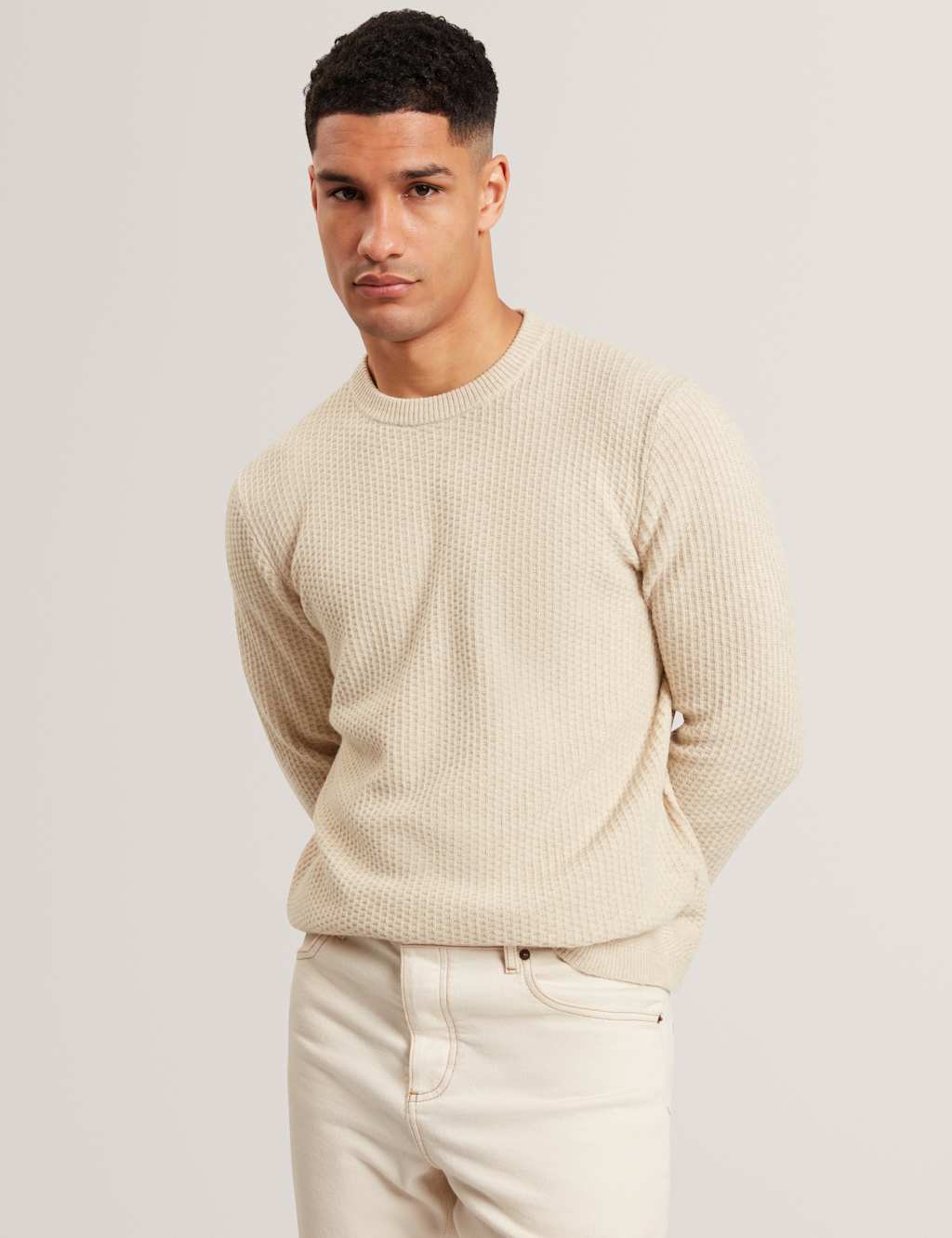 Ted Baker Men's Cotton Blend Textured Crew Neck Jumper - L - Natural - Available at M&S