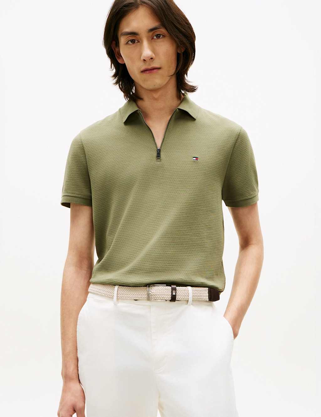 Tommy Hilfiger Men's Cotton Rich Textured Half Zip Polo Shirt - S - Khaki - Available at M&S