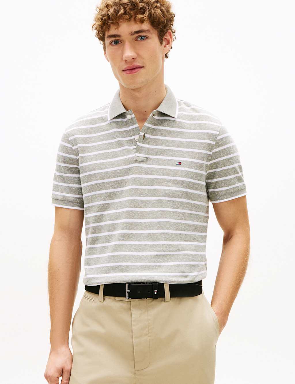 Tommy Hilfiger Men's Cotton Rich Striped Polo Shirt with Linen - M - Khaki Mix - Available at M&S