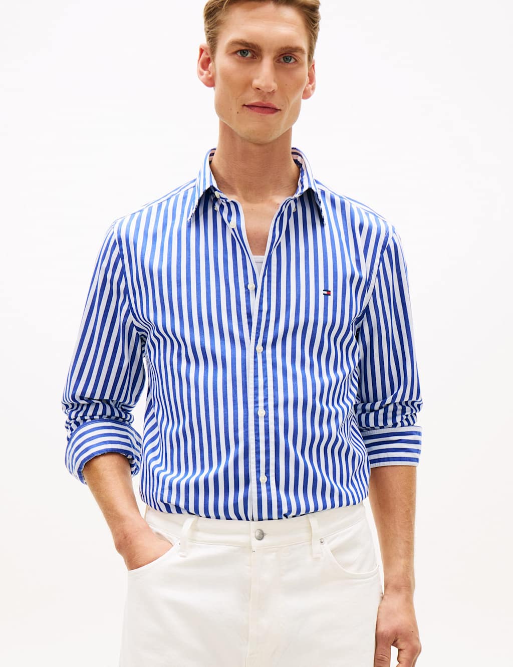 Tommy Hilfiger Men's Regular Fit Pure Cotton Striped Shirt - L - Blue Mix - Available at M&S